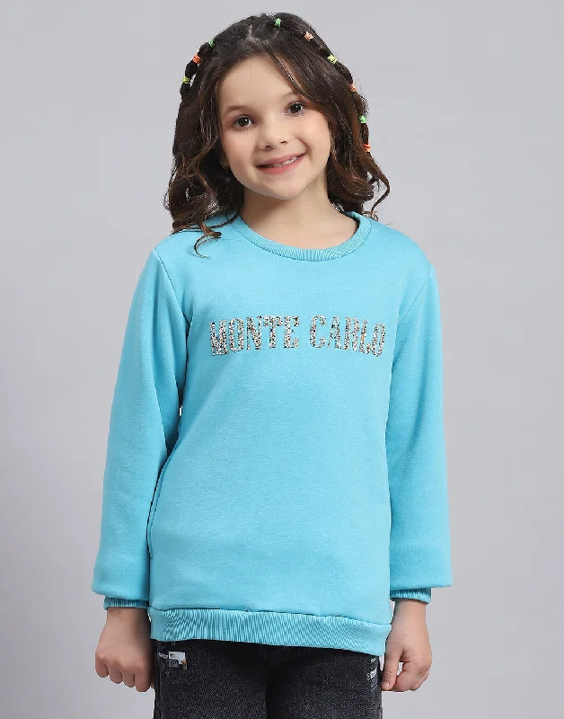 Girls Turquoise Blue Embellished Round Neck Full Sleeve Sweatshirt