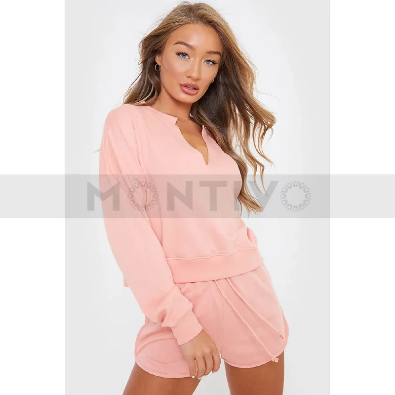 Pink Slash Neck Cropped Sweatshirt