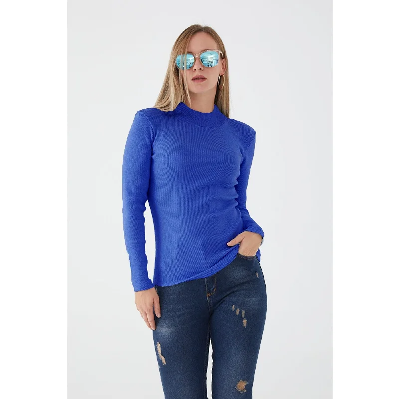 Royal Blue Turtleneck Ribbed Knitted Blouse