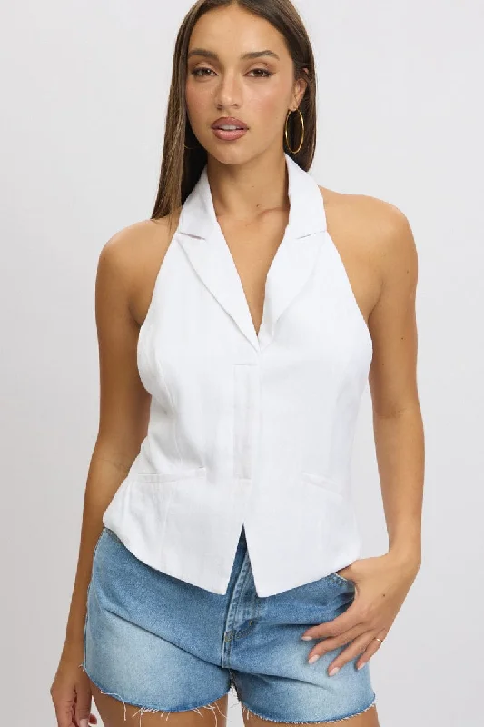 White Vest Top V Neck Halter Neck Open Back