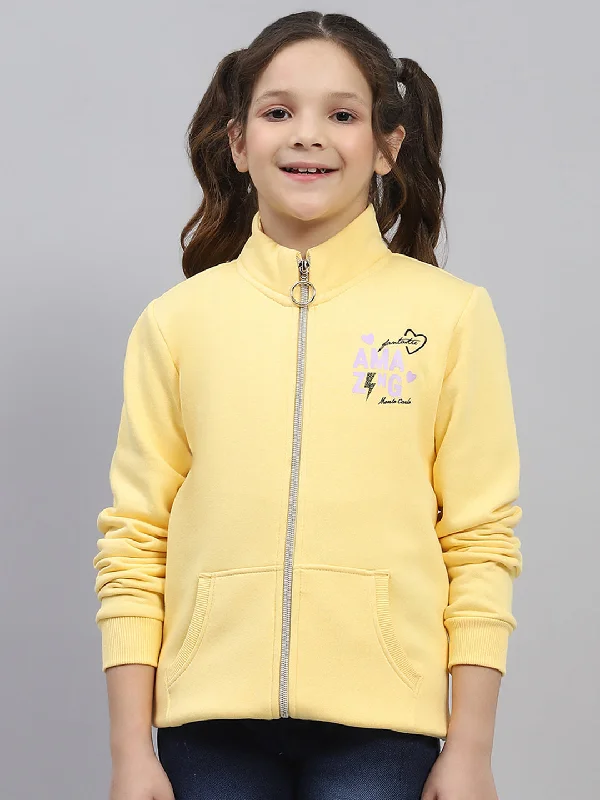 Girls Yellow Printed Mock Neck Full Sleeve Sweatshirt