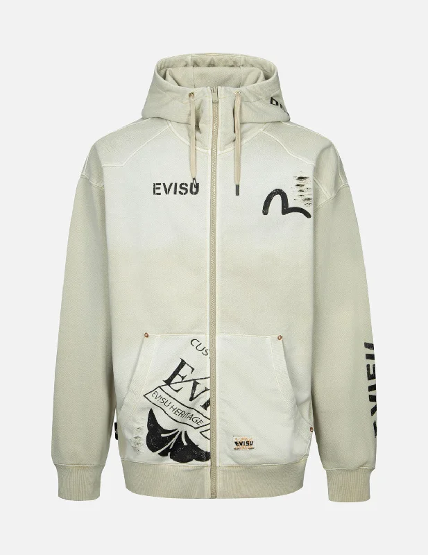 Multi Logos Print Loose Fit Washed Zip-Up Hoodie