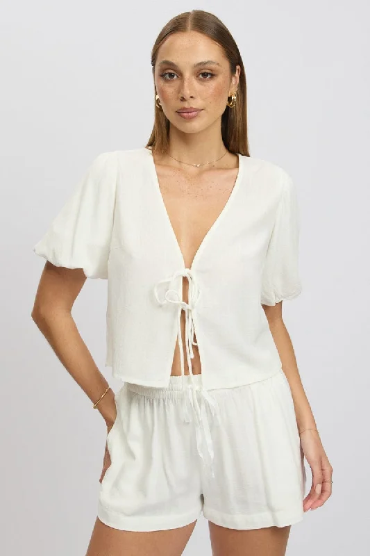 White Tie Front Top Puff Short Sleeve