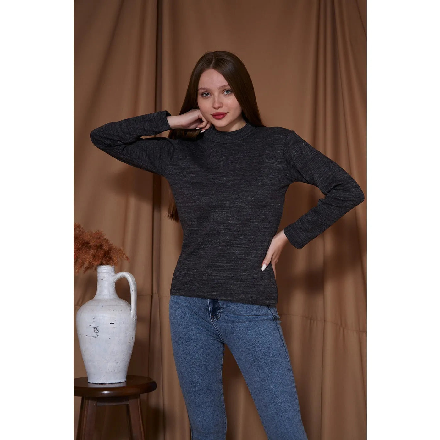 Black Melange Mock Neck Sweatshirt