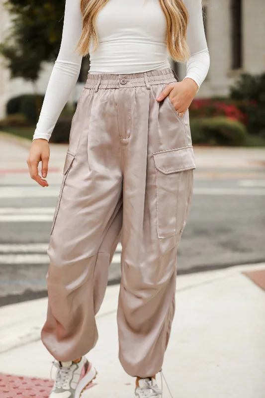 FINAL SALE - My Dream Come True Champagne Satin Cargo Pants