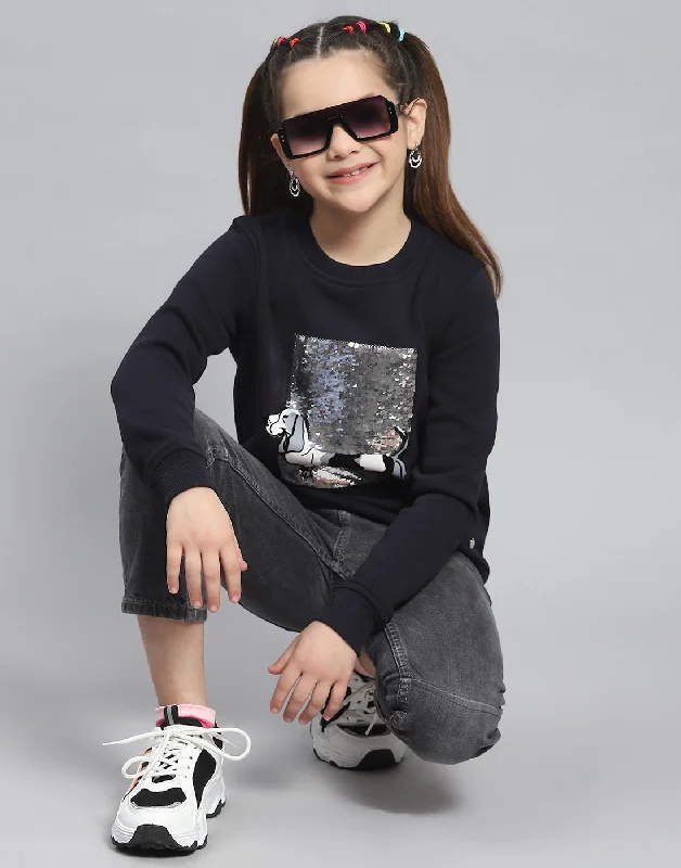 Girls Navy Blue Embellished Round Neck Full Sleeve Sweatshirt