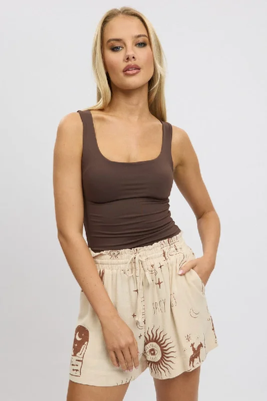 Beige Abstract Relaxed Shorts High Rise