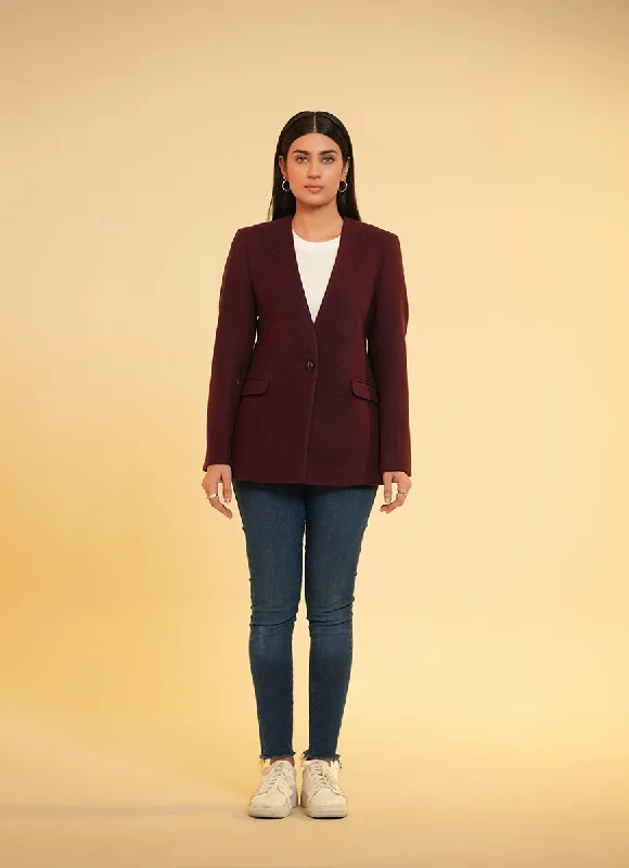 Ladies V Neck Single Button Jacket - Maroon Plain