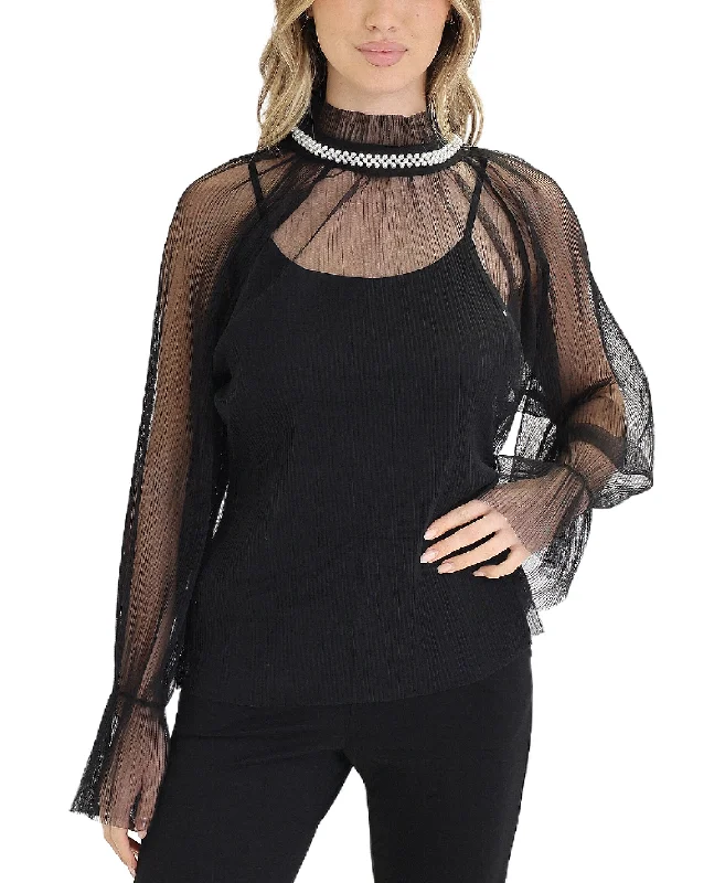 Mesh Blouse w/ Pearl Trim