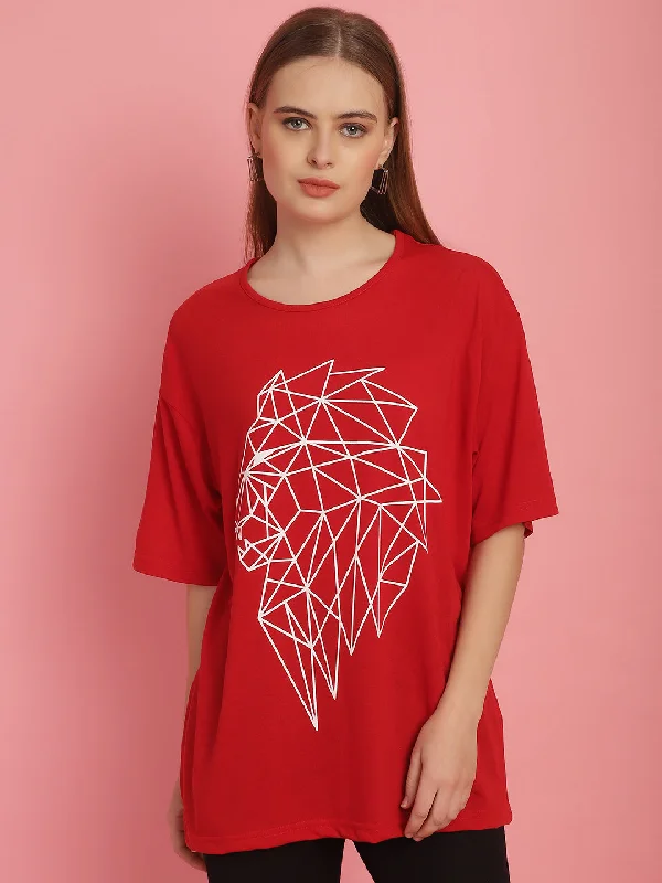 Vimal Jonney Printed Red Round Neck Cotton Oversize Half sleeves Tshirt For Women