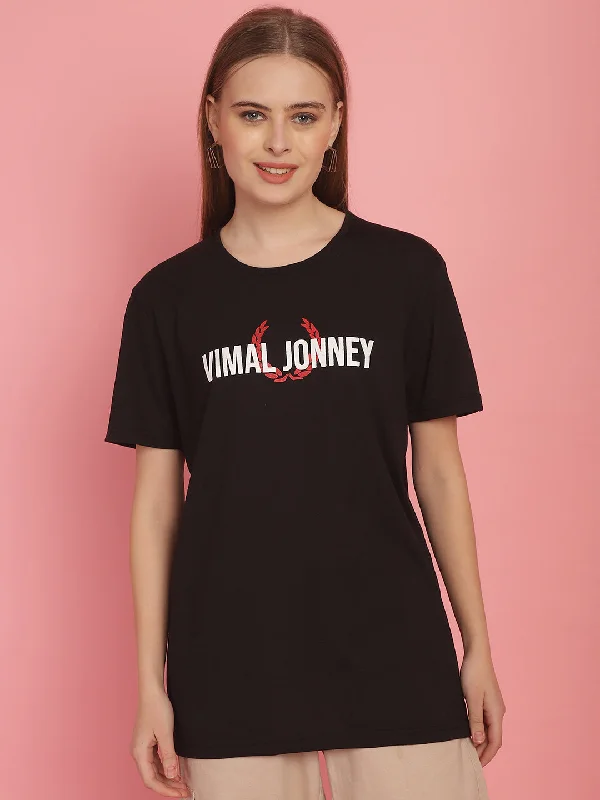 Vimal Jonney Black Logo Printed Round Neck Cotton Half sleeves Tshirt For Women