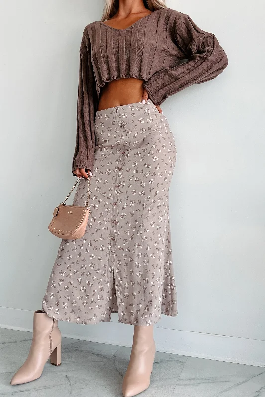 Fashionable Poise Button Detail Floral Midi Skirt (Light Mocha)