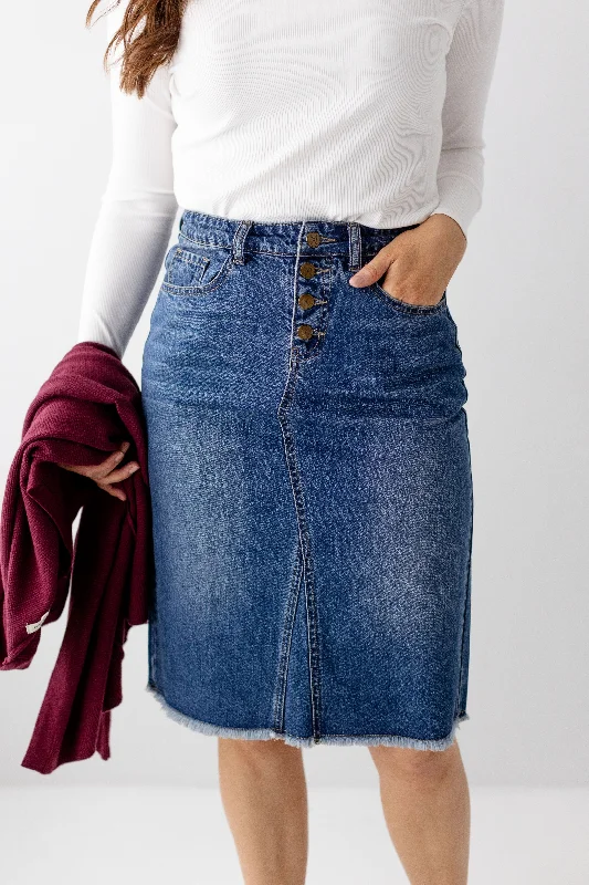 'Haven' Knee Length Denim Skirt in Medium Wash