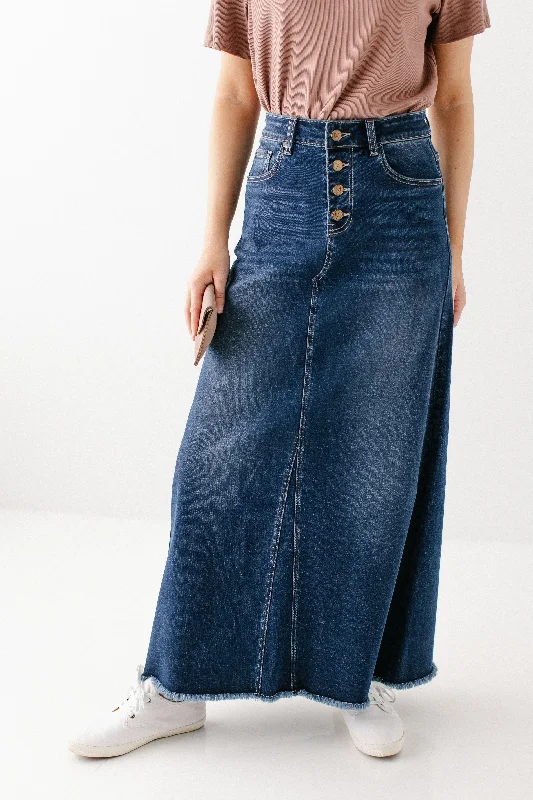 'Haven' Long Stretch Denim Skirt in Dark Wash