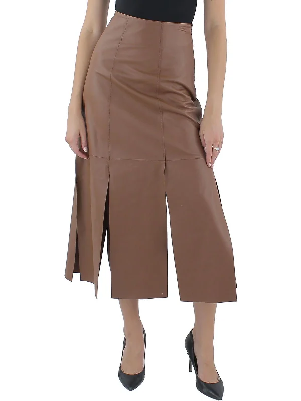 Lunes Womens Leather Split Hem Midi Skirt