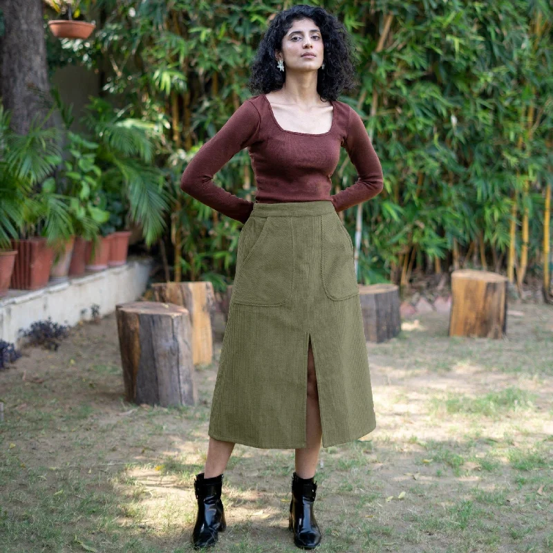 Olive Green Warm Cotton Corduroy High-Rise A-Line Midi Slit Skirt