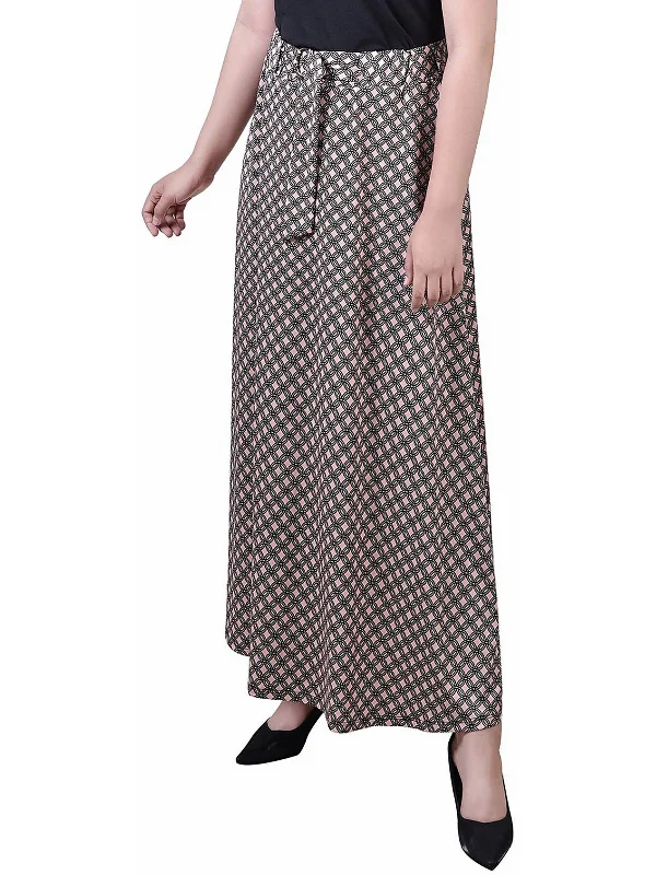 Petites Womens Polka Dot Belted Maxi Skirt