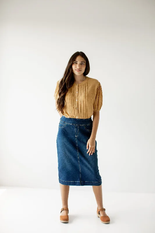 'Sara' Classic Knee Length Dark Denim Skirt