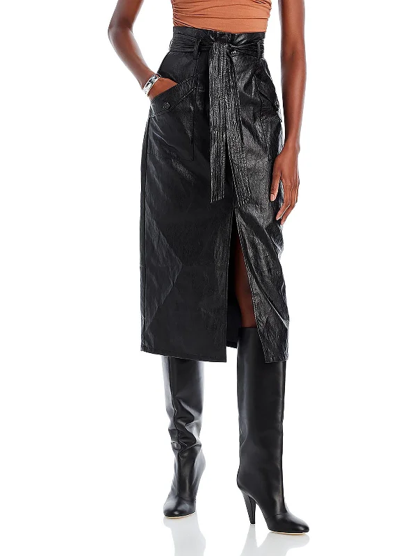 Womens Below Knee Faux Leather Midi Skirt