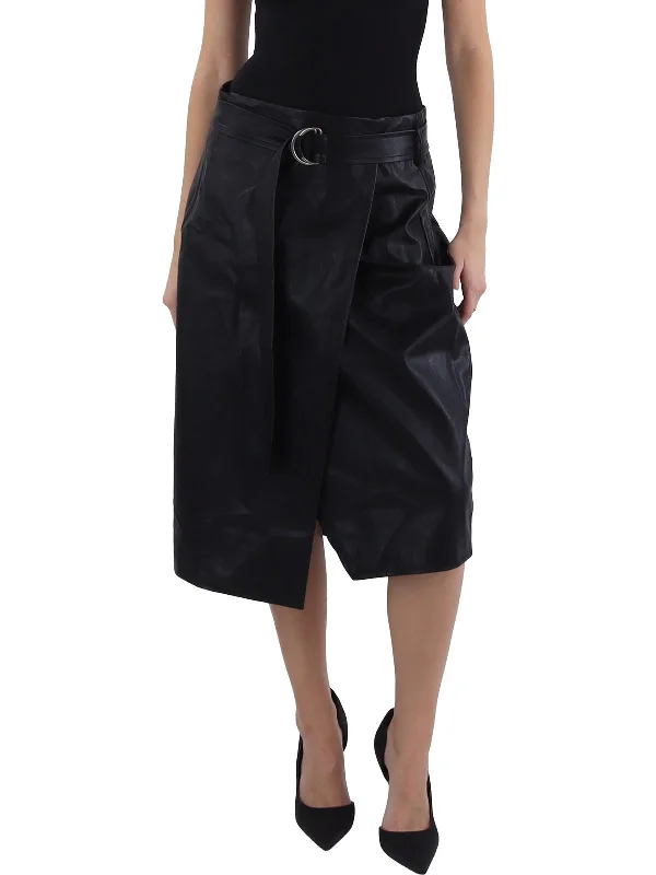 Womens Belted Asymmetrical Midi Skirt