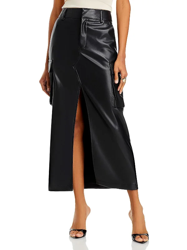 Womens Faux Leather Cargo Maxi Skirt