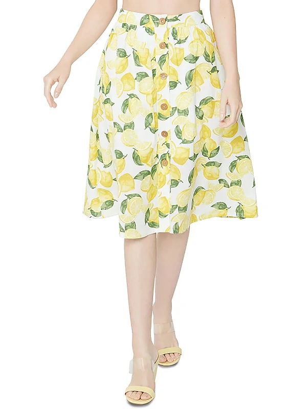 Womens Lemon Print A-Line Midi Skirt