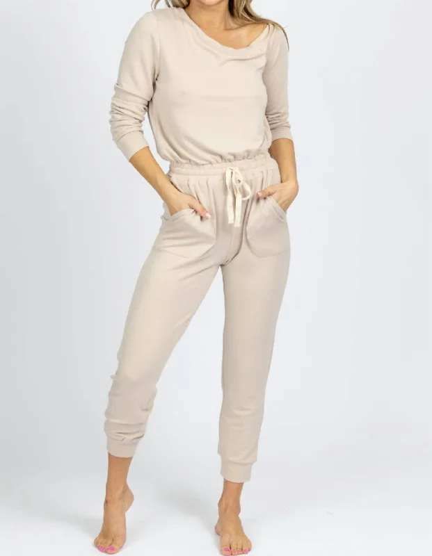 Butter Soft Drawstring Jumpsuit In Taupe