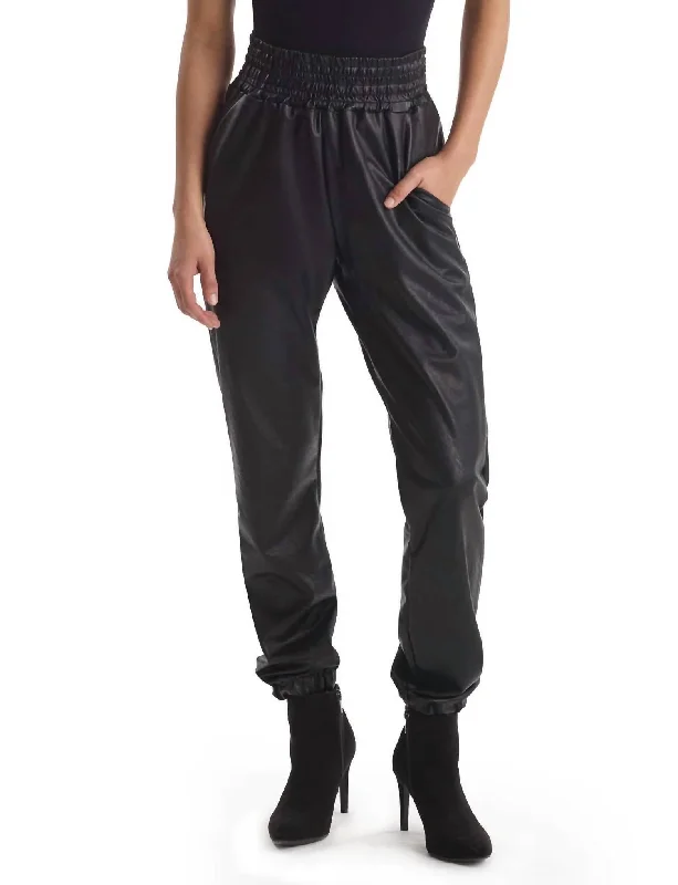 Faux Leather Smocked Jogger In Black